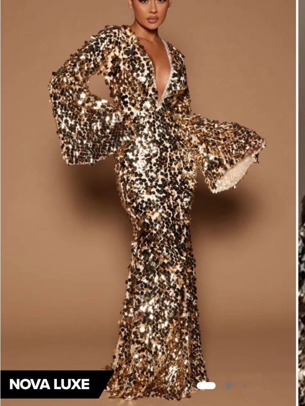 Fashion Nova Gold Sequin Plunge Bell-Sleeve Mermaid Gown